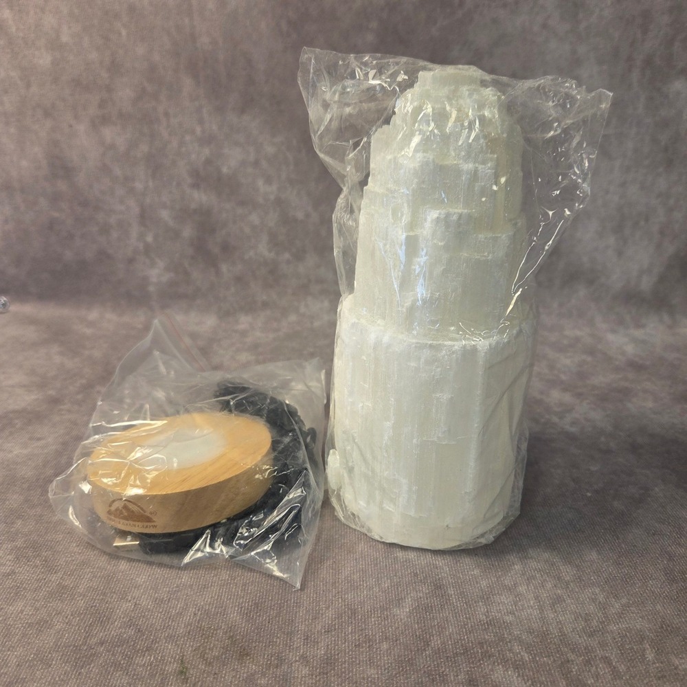 Himalayan Glow WBM Selenite Crystal Lamp Tower White Stone Wood Base USB Cord